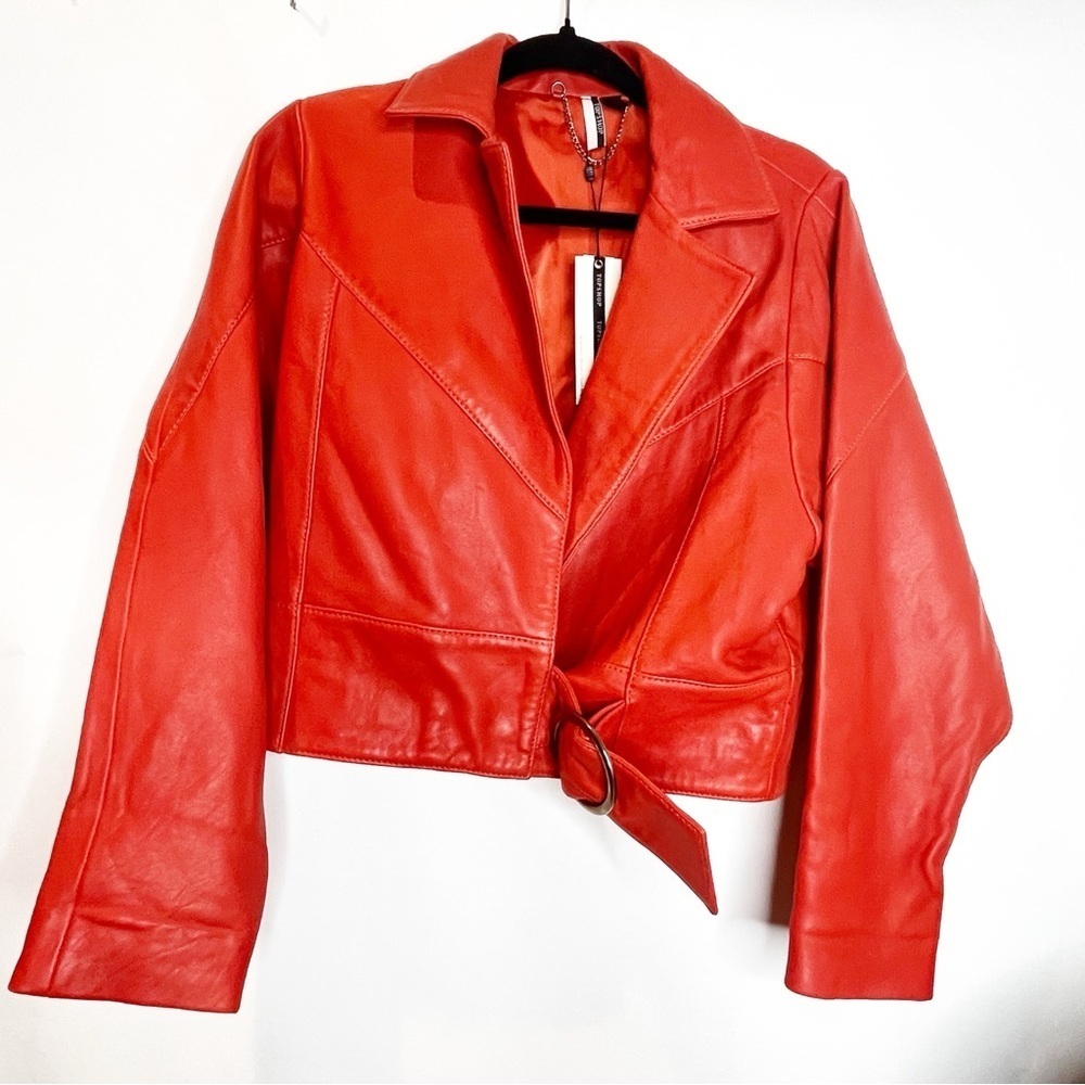 Topshop | Crop Leather Moto Red Jacket 4 US - Picture 2 of 5